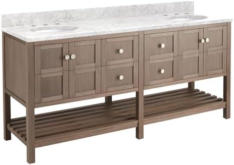 Signature Hardware 952417-UM-8 Olsen 72" Freestanding Double Basin Vanity Set with Cabinet, Vanity Top, and Oval Undermount Sinks - 8" Faucet Holes - Ash Brown/Carrara Marble