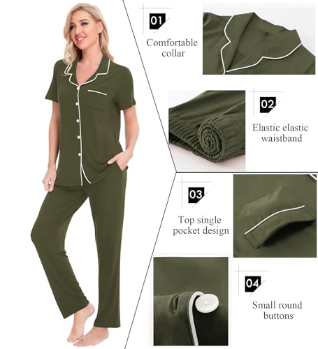 Image of SWOMOG Women Pajama Sets Two-Piece Nightwear Short Sleeve Sleepwear Button Down Pj Lounge Sets with Long Pants