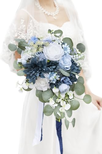 Yelinart 11 Inch Dusty Blue Wedding Bouquets for Bride White