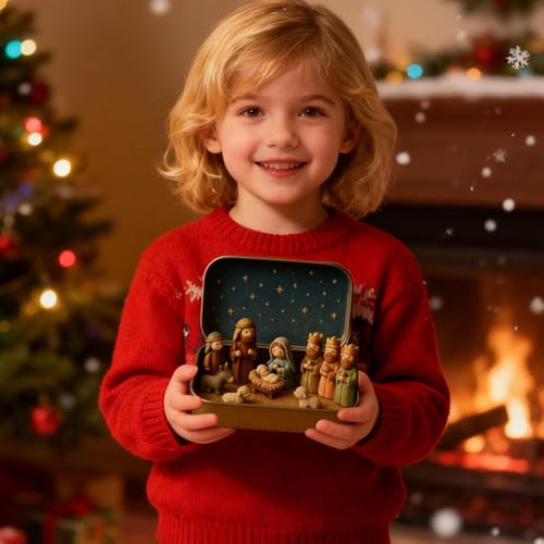 Miniatura 2 de Belén En Caja De Hojalata - 13x2,5x8cm Figuras Belén En Caja De Lata Mini, Juego De Beléns En Miniatura, Sagrada Familia Figuras Navideñas En Cajas De Hojalata, Regalo Para Amigos Escritorio Estante