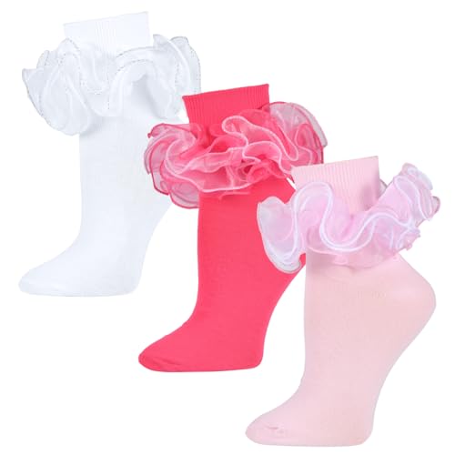 Women White Ruffle Socks Turn Cuff, Double Lace Ankle Socks Cotton Lace Frilly for Ladies(Size 6.5-9.5, 3 Pairs)