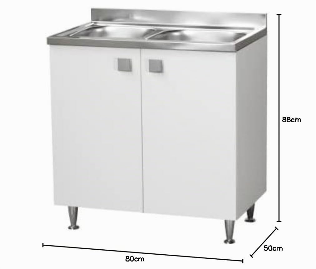 Mobile Cucina Sottolavello con Lavello DUE VASCHE Acciaio INOX 304-2 ante in Bianco Frassino, cm 80x50 H.88