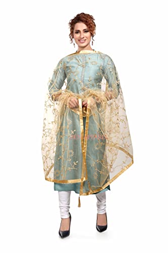 Image of ZEN APPAREL Women's Embroidered Net Dupatta with Lace Borders (Z-101) Premium Net Fabric Golden Aari Work