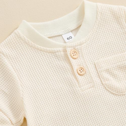Kuriozud Newborn Baby Boy Girl Clothes Button Solid Short Sleeve Romper Jumpsuit Basic One Piece Outfits Baby Neutral Clothing Waffle Short Sleeve Apricot, 3-6 Months - Thumbnail 4