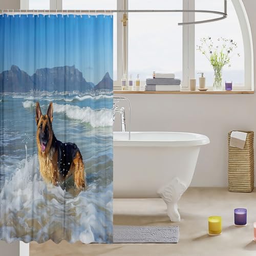 Image of Feelyou German Shepherd Shower Curtain Cute Dog Bathroom Shower Curtain Set for Stalls Bathtubs Ocean Beach Mountain Bath Curtain Hippie Pet Dog Waterproof Bathroom Curtains Room Decor 72x78 Inch