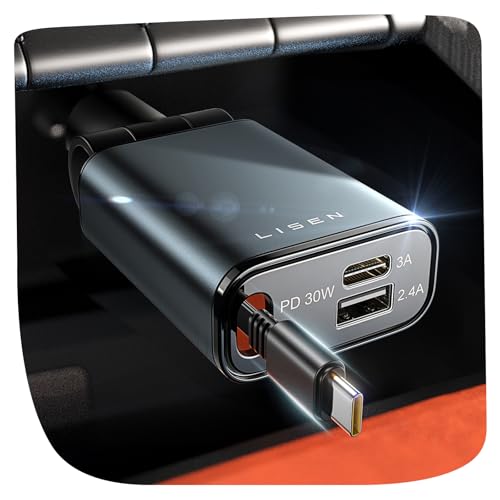 LISEN Retractable Car Charger USB C 【Upgraded Smart Charging Cable】 Cigarette Lighter Adapter Car Charger USB C Fast Charge, Car Accessories for iPhone 17 Pro Max 16 15, Samsung Galaxy S26 S25, Pixel
