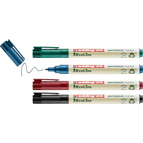 edding 25 Permanentmarker-Set – schwarz, rot, blau, grün – 4 Stifte – Rundspitze 1 mm – wasserfeste, schnell trocknende, wischfeste Stifte – für Pappe, Kunststoff, Glas, Holz, Metall und Stoff