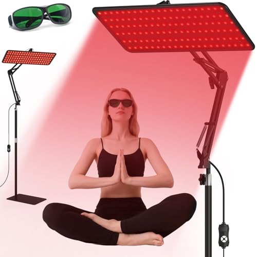 Lampa do terapii światłem czerwonym do twarzy i ciała - panel świetlny na podczerwień 120 diod LED 660 nm 850 nm 940 nm z regulowanym stojakiem i okularami ochronnymi, idealny prezent wellness dla