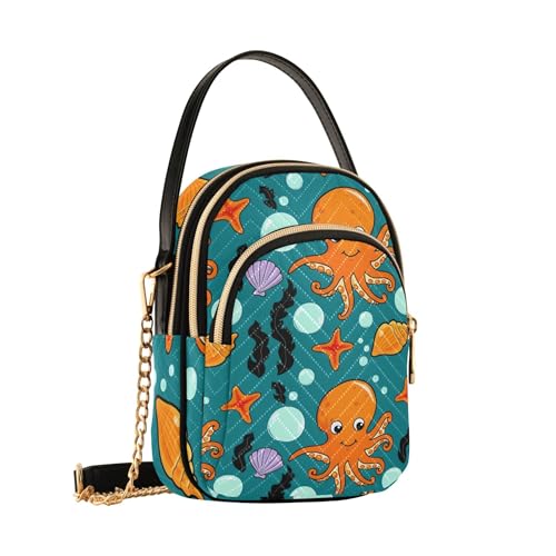 Women's Shoulder Handbag Octopuses Playful Sea Animal Quilted Phone Wallet Chain Strap Purse Cute Zipper Crossbody Bowler Bag, 5.9" × 8.3" × 3.1"2
