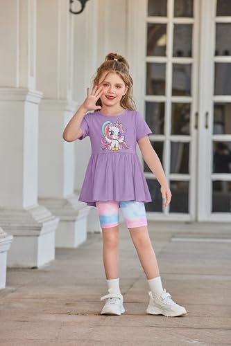 Image of Arshiner Girls Summer Outfits Short Sleeve Ruffle Hem Top and Biker Shorts Set Girl Clothes 4-15 Years