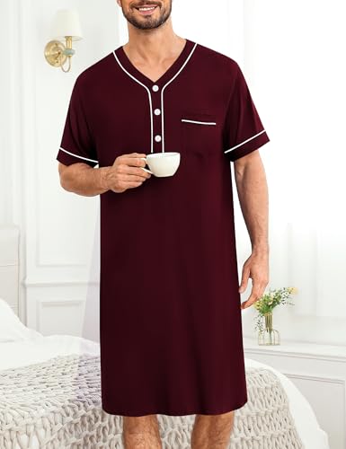 Image of SWOMOG Mens Nightgown Short Sleeve Lounge, Sleep Henley Shirt Pajama Big & Tall Nightshirt Comfy Nightwear M-3XL