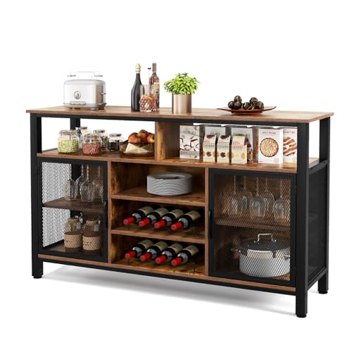 GIANTEX Buffet Cuisine 140 CM, Meuble Cuisine Rangement avec 8 Porte-Bouteilles, 2 Placards, 3 Étagères Ouvertes, Meuble TV avec 2 Armoires et Casiers à Vin...
