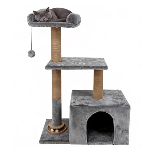 Árbol pequeño para gatos de interior con rascador y cesta