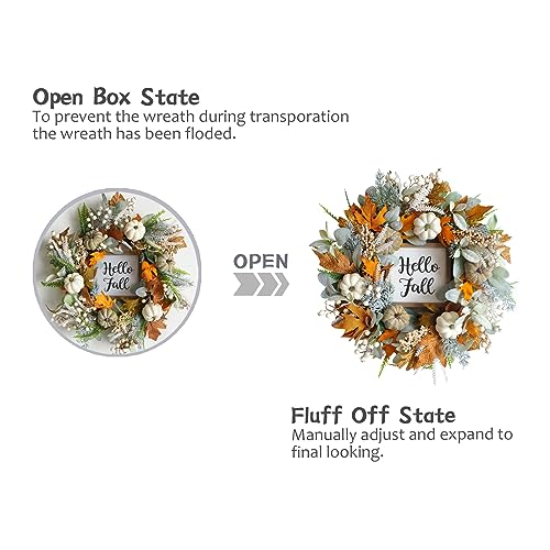 Image of 20inch Thanksgiving Fall Wreath, Eucalyptus Berries Pumpkins Lamb Ears Leaves Autumn Wreaths for Front Door, Fall Decor, Porch Wall, Home Outdoor Holiday Decorations Wreath for Autumn