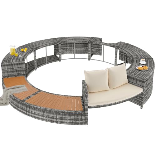 muenfly Salon de jardin avec canapé rond - Meubles en rotin synthétique pour jacuzzi et piscine - Avec coussins, espace de rangement, pieds réglables -...