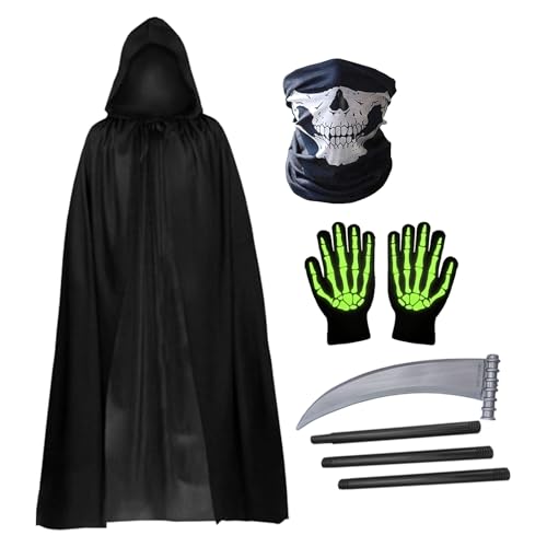 HSYWSH Grim Reaper Costume Set Grim Reaper Cloak, Kids Black Hooded Cloak Cape, Skull Face Mask, Skull Gloves, Sickle Accessories, Carnival Party Fancy Dress Costume for Boys girls