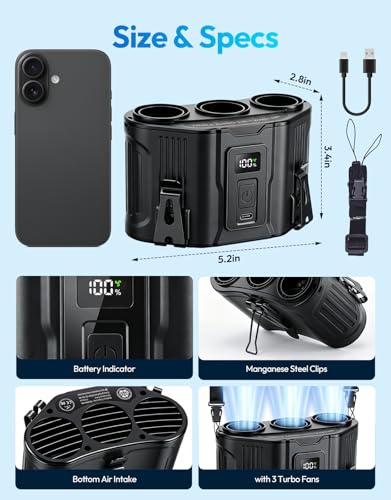HRTISNW Portable Waist Fan with 3 Turbo Fans, 12000mAh Rechargeable Wearable Belt Fan, Shirt Fan Strong Airflow Fast Cooling, Hands Free Clip Fan for Outdoor Jobsite Construction Farm, Black — view 2