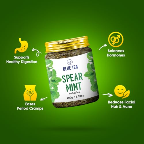 Image of BLUE TEA - Combo Pack - Spearmint Tea - 100 g - 100+ cups & Moringa Powder - 100 gm | Balances hormones | Rich in Vitamins, Minerals & Amino Acids | Energy Booster | Zipper & Pet Jar