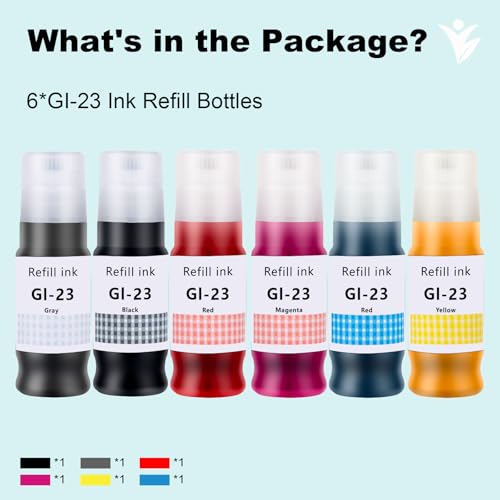 YUANQIMM GI-23 GI23 Ink Refill Bottles (Not Sublimation Ink) Replacement for Canon GI-23 Refill Ink 23 to use with Canon PIXMA G620 Refill Ink Pixma G520 Printer (Black,Cyan,Magenta,Yellow,Red,Gray)