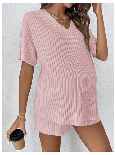 Image of MakeMeChic Women's Maternity 2 Piece Outfits Summer Short Sleeve Rib Knit Tee Top and Short Lounge Sets Clothes
