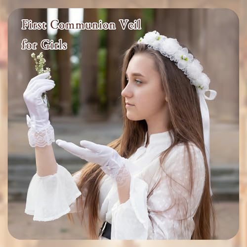 GUBEARE 8 Pcs First Communion Veil for Girls Catholic 1st Communion Wreath Veil Headpiece Pearl Necklace Bracelets Earrings Hairpin Lace Gloves Socks Accessories — view 5