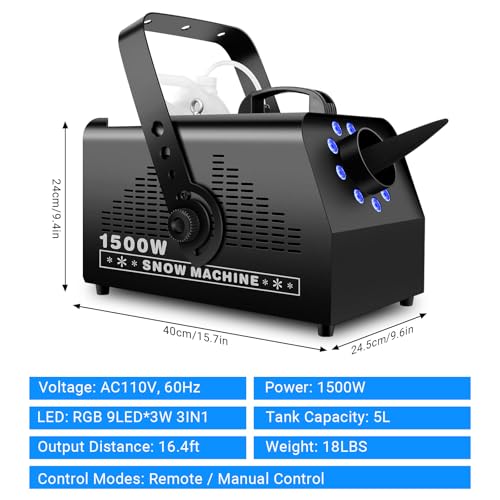fake snow machine with 9leds light - 1500w artificial snow making machine with 7 color lights effect snowflake maker by remote control for kids wedding party stage christmas decorations