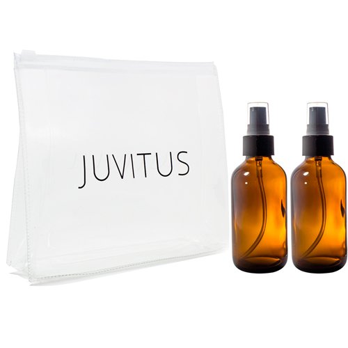 Amber Glass Boston Round Black Treatment Pump Bottle - 4 Oz (2 Pack) + Clear Travel Bag #TOP7