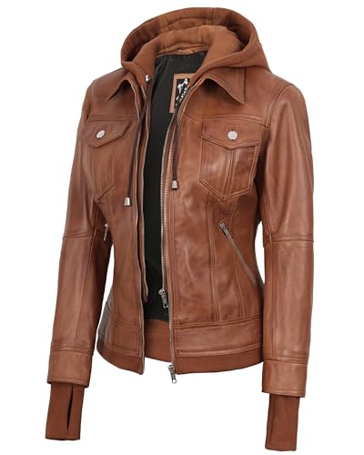 Decrum Hooded Leather Jacket Women - Womens Leather Bomber Jacket| [1313685] Tralee Tan, XL