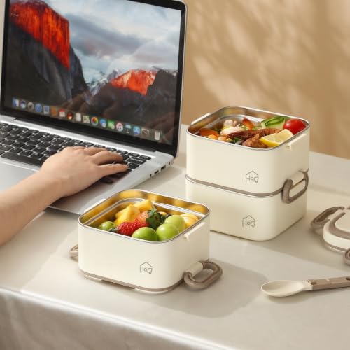 Image of House of Quirk 304 Stainless Steel Lunch Box, 3 Containers with 1 Divider Container, Insulated Lunch Bag & Spoon, Leakproof Bento Tiffin Box for Office, School & College, BPA Free (Beige)