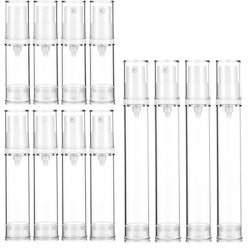 HJZHII 12pcs Airless Travel Pump Bottle Mini Spray Bottle Refillable Clear Travel Pump Bottles Plastic Press Lotion Travels Container for Lotion Foundation Perfume DIY Creams(5ml 10ml 15ml)