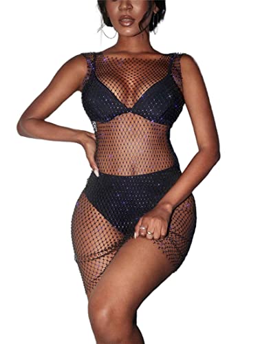 Formery Sexy Mesh Swimsuit Cover Ups Sheer Rhinestone Beach Sleeveless Coverups Fishnet Hollow Out Dress Body Chains2