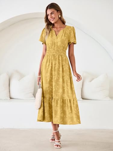 Image of Simplee Womens Summer Boho Maxi Dress Semi Formal Wedding Guest Short Sleeve V Neck Empire Waist Floral Long Dresses