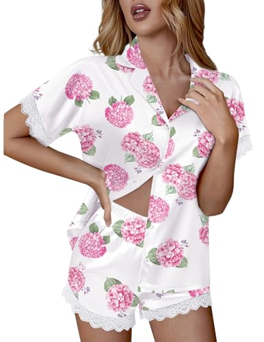 Image of Ekouaer Womens Lace Satin Pajama Set Button Down Pj Shorts Set Bridesmaids Getting Ready Outfits Casual Sleepwear XS-XXL