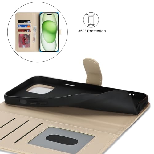 Image of for iPhone 15 Plus Case Wallet with Card Holder,for iPhone 14 Plus Wallet Case for Women Men,PU Leather Shockproof Magnetic Buckle Stand Flip Phone Case-Beige
