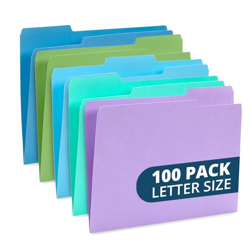 Blue Summit Supplies Ocean Tone Colored File Folders Letter Size, 1/3 Cut Top Tab File Folders, Assorted Blue and Green Colored, for Organizing and File Cabinet Storage, 100 Pack