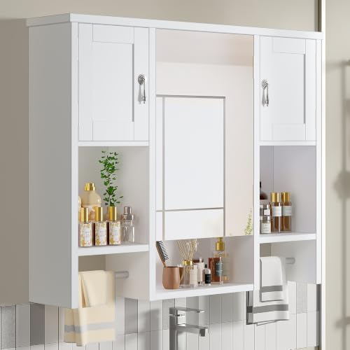 VECELO Large Bathroom Wall Cabinet with Mirror, Wall Mounted Medicine Cabinet with Open Shelves, 2 Towel Bars for Laundry Room Kitchen, 35 x 7 x 29 Inches, White by VECELO - Used condition - Image 6