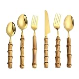 wrtgerht 304 Edelstahl Bambus Griff Messer, Gabel, Löffel, Teelöffel, Geschirr Steakmesser und Gabel, Geschirr Set 6-teiliges Set Küchengeräte (Color : Gold, Size : M)