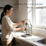Pot Lid Organizer Rack, Kitchen Pot Lid Storage Rack, Carbon Steel 2-Tier Lids Holder with Detachable Drip Tray While Cooking, Pot Lid Holder Countertop, Multifunctional Space-Saving - Image 5