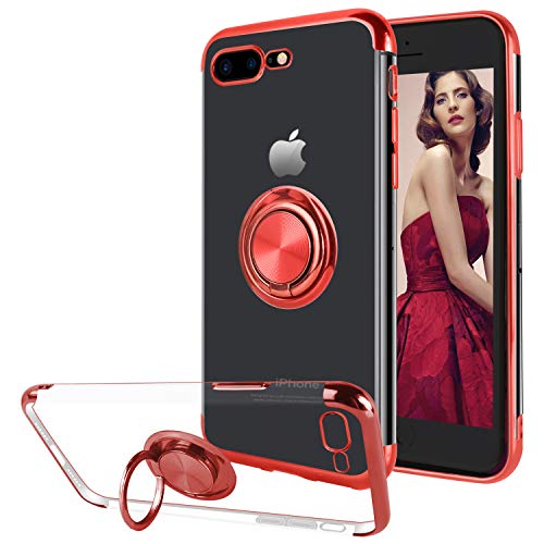 Ownest Compatible with iPhone 7 Plus/iPhone 8 Plus Case with Built-in 360 Rotatable Ring Kickstand Fit Magnetic Car Mount and Transparent TPU Protective for iPhone 7 Plus/8 Plus-Red