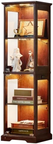 Farmhouse Narrow Glass Display Cabinet with Doors & Lock, Walnut ...