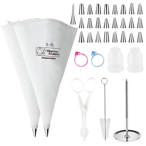 SHBAOCH Juego de 34 mangas pasteleras de nata con 25 boquillas diferentes de acero inoxidable y 2 mangas pasteleras de 34 cm reutilizables con boquillas