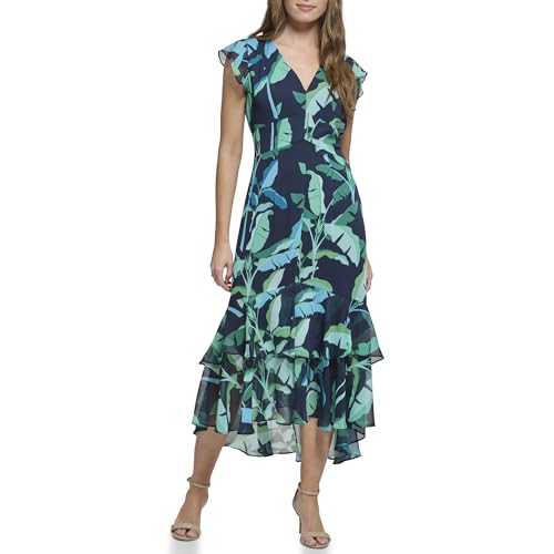 Image of Tommy Hilfiger Women's Flutter Sleeve V-Neck Ruffle Trim Hi-Lo Midi Dress