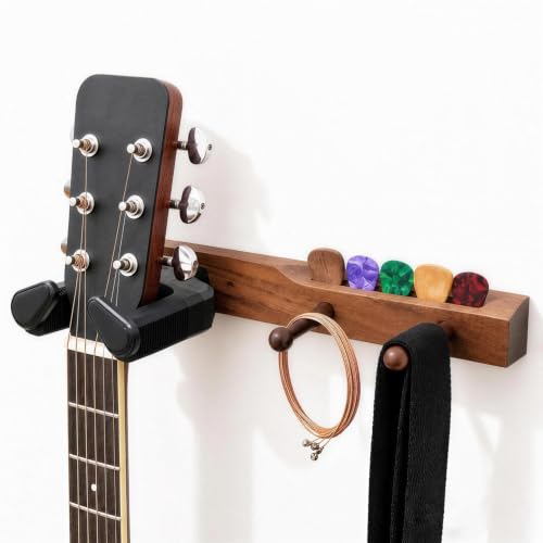 Guitar Wall Mount, Auto Lock Guitar Wall Hanger with Pick Holder, Solid Wood Guitar Hanger Wall Mount, Guitar Holder for Acoustic, Electric Guitar, Bass, Ukulele, Mandolin, Guitar Accessorie Gift by yinyess - Used condition - US$19.31