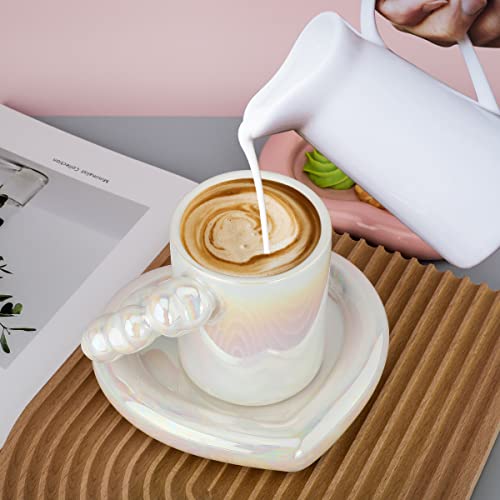 Fseoot Ceramic Coffee Mug With Saucer Set, 10.1 Oz/300 Ml Cute Creative Electroplated Cup With Gourd Handle Love Heart Shape Design For Office And Home (Pearly) #TOP4