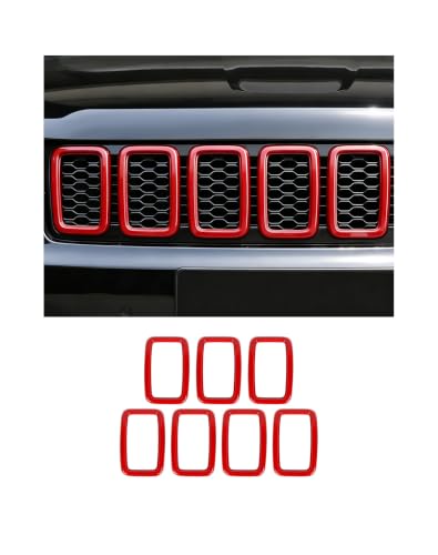 Image of Hoolcar Front Grill Rings Grille Mesh Inserts Cover Trim Kit for 2017-2020 Jeep Grand Cherokee Exterior Accessories, Red(7Pcs)