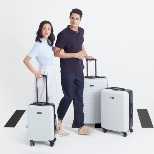 Image of Assembly Stark Trolley Bag Set of 3 20, 24, 28 Inch (55, 65 & 75cm) Dual-Tone Hard Shell Polycarbonate Luggage Set TSA Lock 8 Spinner Wheels Blue White