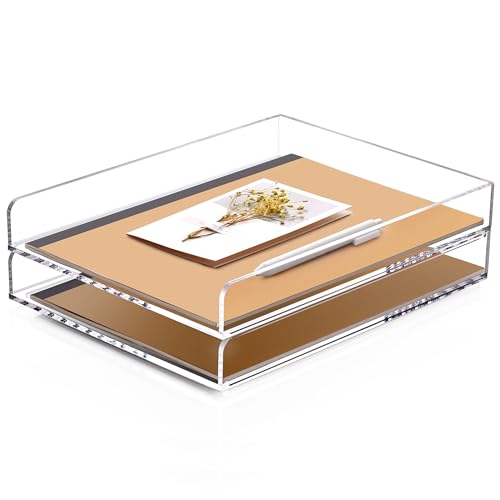 SANRUI 2 Tier Acrylic Stackable Paper Letter Tray, Vertical A4 File Desk Organizer and Accessories Sorter Tray, Clear Workspace Office Supplies Organizers, 12inx9.25inx3.42in