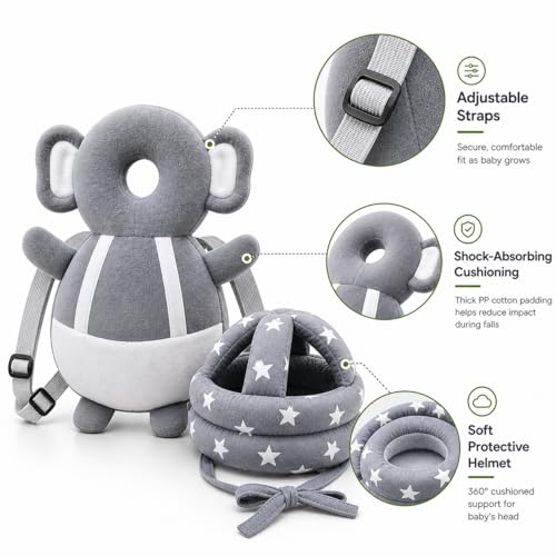 Image of GLUN Baby Back Protector with Head Protective Hat Combo Set, Cute Elephant Shape Soft Cushioning, Adjustable Shoulder Belt, Head Protection Gear for 6-18 Month Toddler Kids