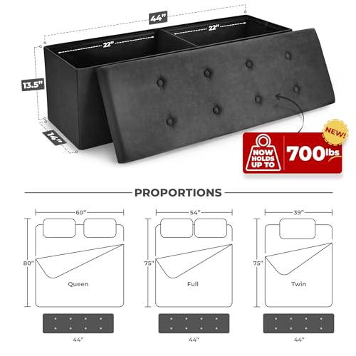 Sorbus Storage Ottoman Bench – for Living Room, Hallway, End of Bed, Bedroom Bench 43 in Large Folding Chest Seat Trunk w/Cover – Blankets, Coffee Table, Foot Rest– Tufted Velvet Linen Fabric (Black) — view 3