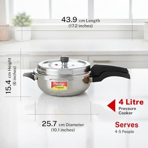 Prestige 4 Litre Stainless Steel Deluxe Alpha Svachh Outer Lid Senior Pressure Pan Cooker | 10Y Warranty| Deep Lid for Spillage Control | TRIPLY Base | GRS | Gas & Induction Compatible | ISI